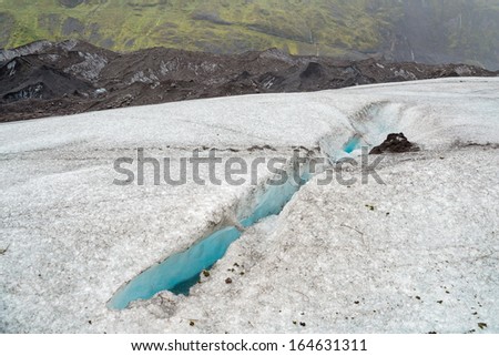 A crack in the ice, made by water flowing under