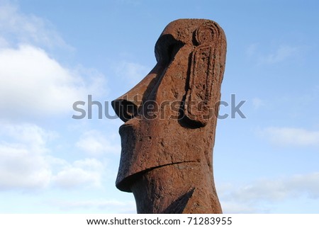 Typical moai at Ahu O\'rongo,with elongated ears and only one with carvings on the back