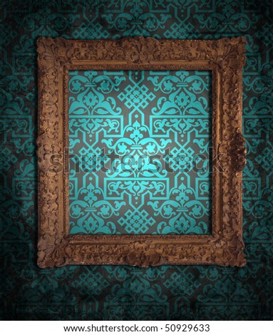 dirty blue wallpaper and an empty frame