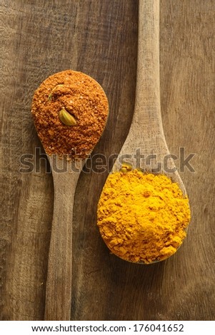 Yellow and red spice on spoon