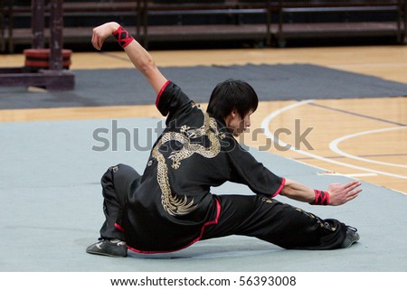 MODENA, ITALY - FEBRUARY 02: Students form Beijing sports university, perform Wushu Kung Fu routines during the show in Modena, Italy on February 2, 2010 at Palapanini building.