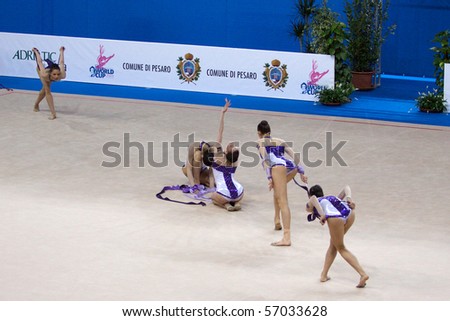 PESARO, ITALY - MAY 2: Bulgaria Team, competes in team exercise with ropes at Rhythmic Gymnastic World Cup 2009 on May 2, 2009 in Pesaro, Italy