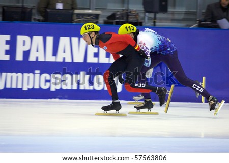 TORINO, ITALY - FEBRUARY 18: 2009 Sebastian  PRAUS, Germany, leads during final round at ISU European Short Track Speed Skating Championship at Palatazzoli February 18, 2009 in Torino, Italy