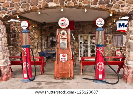 Cool Springs, Az, Usa - December 30: Old Time Gas Pumps Outside A Restored Service Station On Old Route 66 In Arizona Are Reminders Of Days Gone By. Photo Taken Dec. 30, 2012.