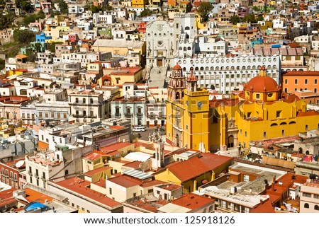 Panoramic vista of colorful buildings in downtown Guanajuato Mexico