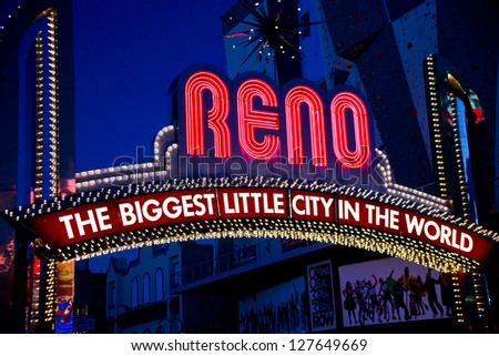 RENO, NEVADA - SEPTEMBER 10, 2012: The landmark arch welcomes visitors to downtown Reno, Nevada. The original arch was built in 1926. Reno, Sept. 10, 2012.