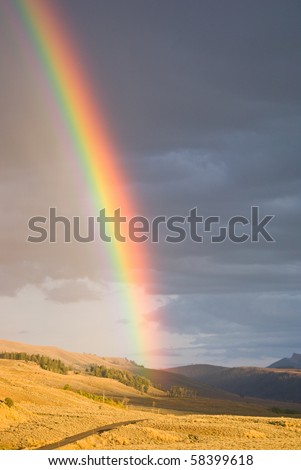 As a rain storm passes, the setting sun creates a vibrant rainbow in Lamar Valley, Yellowstone Park, Wyoming