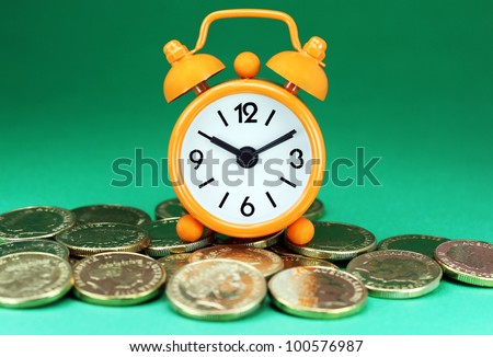 An Orange alarm clock placed on some golden coins with a green background, asking the question how long before your investment matures?