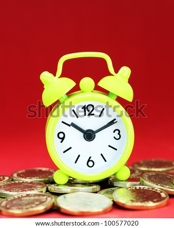 A lime green alarm clock placed on some golden coins with a red background, asking the question how long before your investment matures?