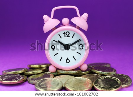 A pink alarm clock placed on some golden coins with a purple background, asking the question how long before your investment matures?