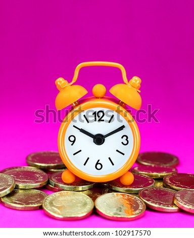 An Orange alarm clock placed on some golden coins with a purple background, asking the question how long before your investment matures?