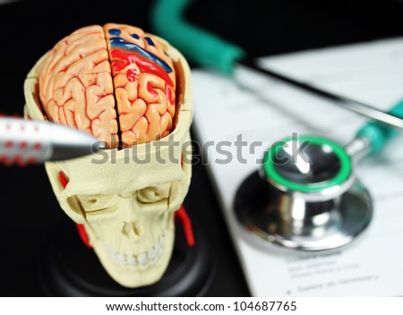 A doctorÃ¢Â?Â?s desk showing a green stethoscope on a sick certificate pad, with the other doctorÃ¢Â?Â?s tools of the trade on desk including a model of an open human skull with a pen pointing to the brain.