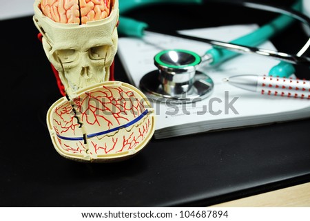 A doctorÃ¢Â?Â?s desk showing a green stethoscope and pen, resting on a sick certificate pad, with the other doctorÃ¢Â?Â?s tools of the trade on desk including a model of a human skull, with the brain exposed.