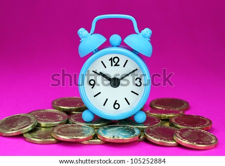 A light blue alarm clock placed on some golden coins with an orange background, asking the question how long before your investment matures?