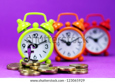 A Silver Pound sign in front of three piles of Golden coins, with three traffic light colored clocks in the very background, indicating is it time to start saving!