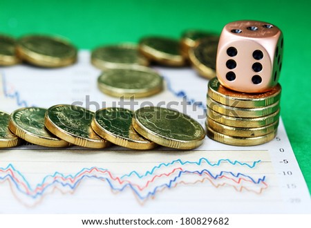 Gold coins on a set of stock graphs, with a copper colored metal dice resting on a stack of gold coins, asking the question how much are you willing to gamble.