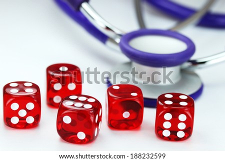Five red translucent dice with white numbers in front of a purple stethoscope, asking the question do you gamble with your health?