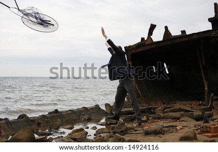Businessman casting a crab pot out to sea, in the hope of catching some business leads