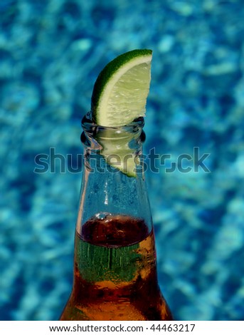 A lime segment placed in the top of a bottle of beer, with the tropical ocean in the background.