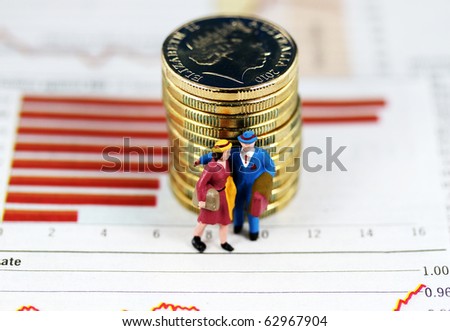 Some gold coins stacked together on investment charts with a plastic male and female figure standing infront of the coins, asking the question are you receiving sound financial advice.