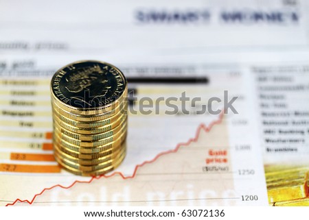Some gold coins stacked on a newspaper showing a gold price graph where the trend is up, up and away through the stratosphere.