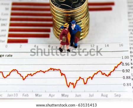 Some gold coins stacked together on two investment charts with  plastic male and female figure standing in front of the coins, asking the question are you receiving sound financial advice.