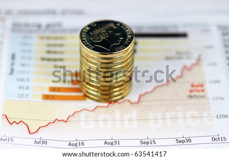 Some gold coins stacked on a newspaper graph where the trend is down, indicating that the stock market is on the verge of collapsing