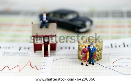 A couple with suitcases walking away from their house & mortgage after a bank has repossessed their house, with the bank manager sitting pretty on top of their house with his flash car parked nearby.