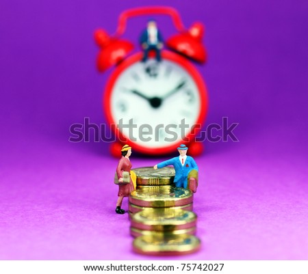 A couple on a gold coin stairway with a red alarm clock in the background with the bank manager sat on top of the clock and with a pastel purple background.