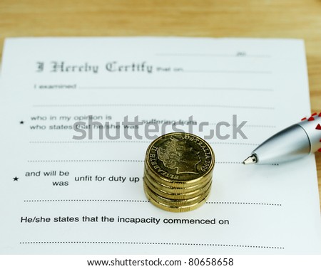 A doctor’s desk showing a ball point pen, stack of gold coins and sick certificate pad, suggesting the price of keeping healthy is rising.