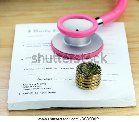 A doctor’s desk showing a pink colored stethoscope, stack of gold coins and sick certificate pad, suggesting the price of keeping healthy is rising.