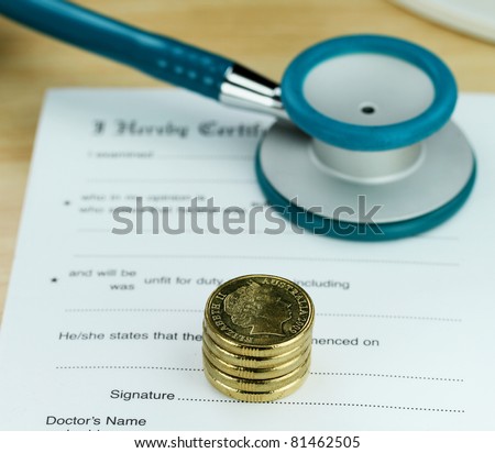 A doctor’s desk showing a teal colored stethoscope, stack of gold coins and sick certificate pad, suggesting the price of keeping healthy is rising.