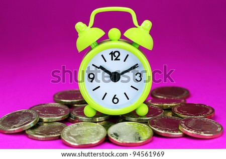 A lime green alarm clock placed on some golden coins with a Purple back ground, asking the question how long before your investment matures?