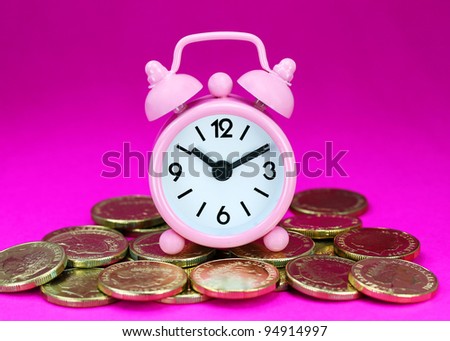 A pink alarm clock placed on some golden coins with a light blue back ground, asking the question how long before your investment matures?