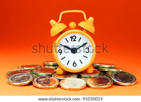 An Orange alarm clock placed on some golden coins with an orange background, asking the question how long before your investment matures?