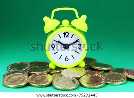 A lime green alarm clock placed on some golden coins with a green background, asking the question how long before your investment matures?