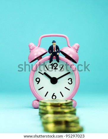 A bank manager sat on top of a pink alarm clock, in front of a golden coin stairway,  asking the question, can you last the financial journey