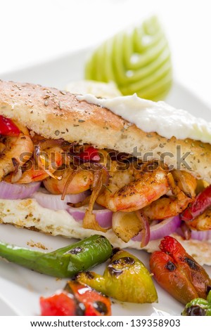 Tasty Grilled Shrimp Sandwich with Vegetables and Salad