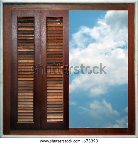 A half-open wooden window, overlooking the sky.
