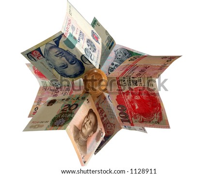 Major asian currencies arranged on a wooden pole.