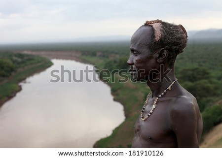 Africa,  south Ethiopia, 27.12.2009 Unidentified Karo man