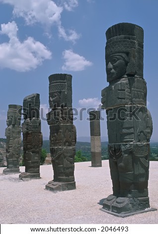 The towering Atlantes on the Pyramid of the Morning Star  at Tula, Mexico