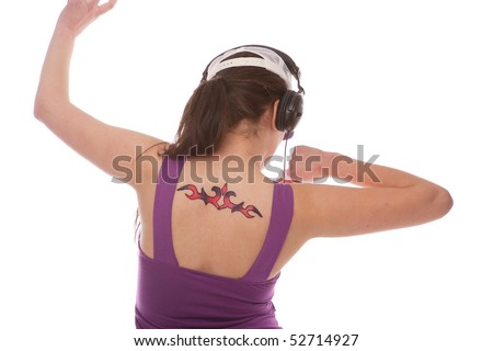 stock photo : Dj Girl Dancing with tattoo on her back