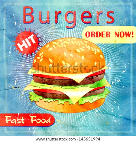 Grunge cover for fast food menu - hamburger on a vintage background