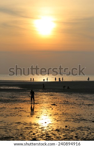 beautiful sea sunset evening with silhouettes of people