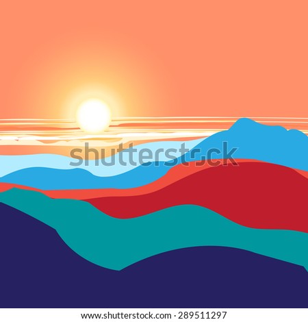 Bright graphics landscape with the sunset and mountains