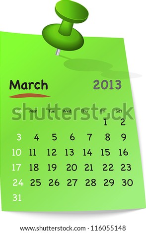 Calendar for march 2013 on green sticky note attached with green pin. Sundays first. Vector illustration