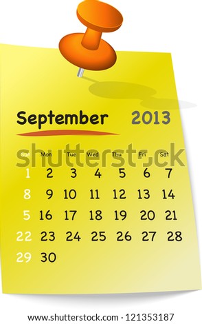 Calendar for september 2013 on yellow sticky note attached with orange pin. Sundays first