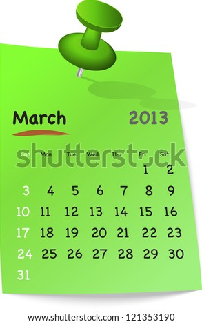 Calendar for march 2013 on green sticky note attached with green pin. Sundays first