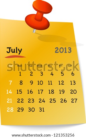 Calendar for july 2013 on orange sticky note attached with red pin. Sundays first